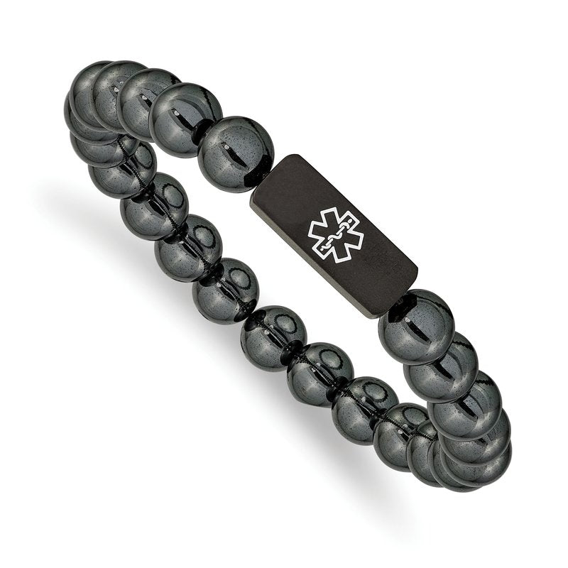 Stainless Steel Brushed Black IP-plated with White Enamel Medical ID 8mm Hematite Beaded Stretch Bracelet