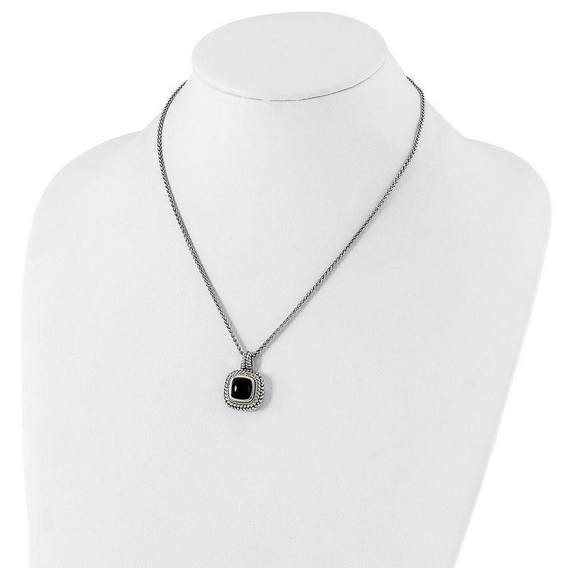 Sterling Silver with 14K Accent 18 Inch Antiqued Cabochon Black Onyx Necklace