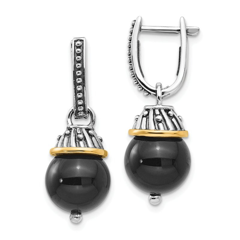 Sterling Silver with 14K Accent Antiqued Black Onyx Hinged Hoop Dangle Earrings