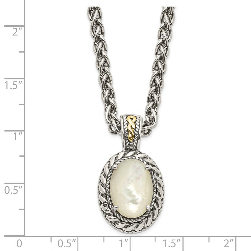 Sterling Silver with 14K Accent 18 Inch Antiqued Mother Of Pearl Necklace