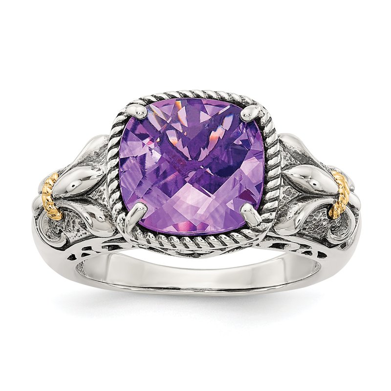 Sterling Silver with 14K Accent Antiqued Cushion Amethyst Ring