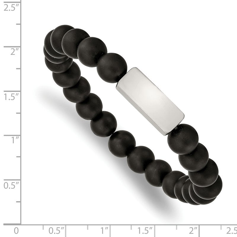 Stainless Steel Brushed ID Plate 8mm Black Agate Beaded Stretch Bracelet