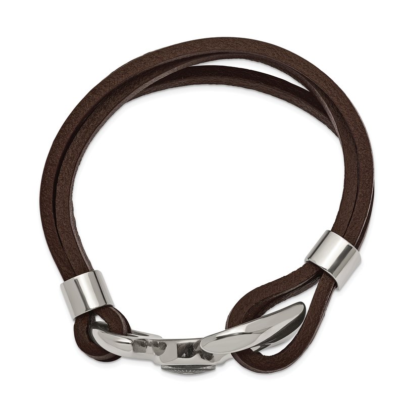 Stainless Steel Polished Functional Compass Multi Strand Brown Leather 8.5 inch Bracelet