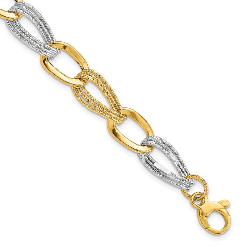 14k Two Tone Polished and Textured 9mm Fancy Link 8 inch Bracelet