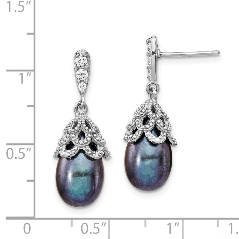 Sterling Silver Rhodium-plated Black Teardrop Freshwater Cultured Pearl and Brilliant-cut CZ Post Dangle Earrings