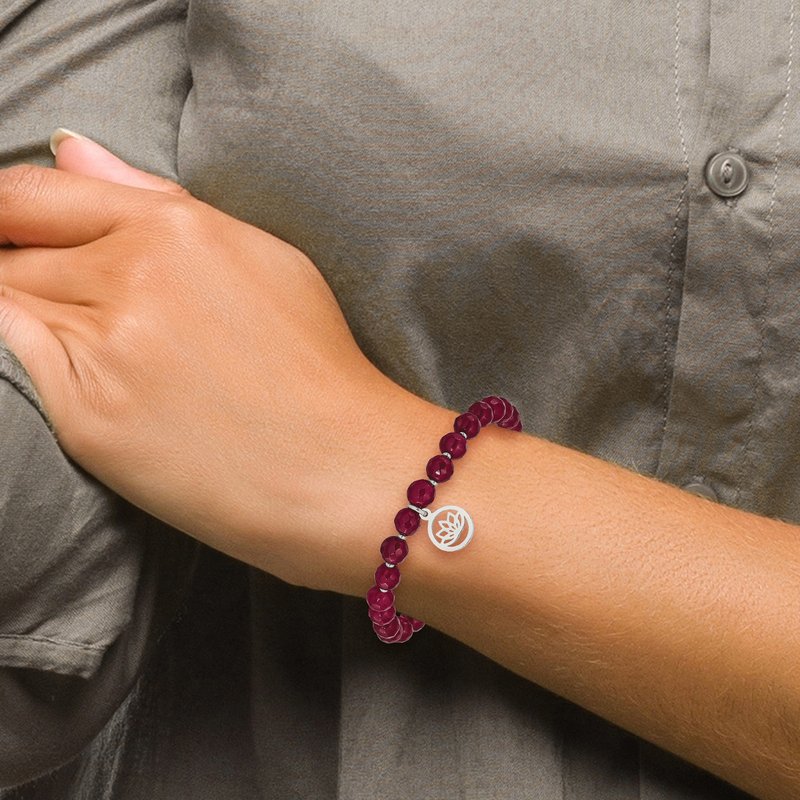 Stainless Steel Polished Lotus 6mm Pink Jade Beaded Stretch Bracelet with Tassel