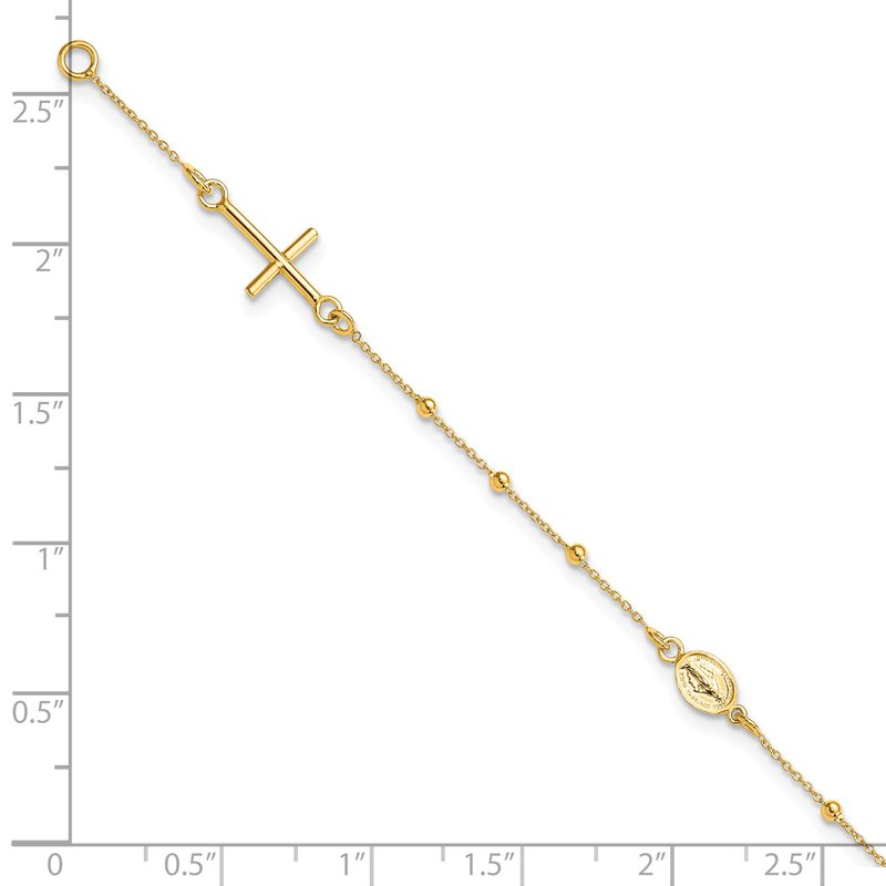 14k Polished Cross and Miraculous Medal Beaded 7.5 inch Rosary Bracelet
