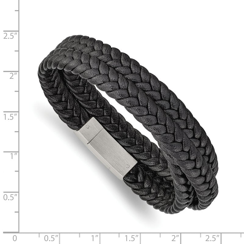 Stainless Steel Brushed Black Braided Leather 23 inch Wrap Bracelet