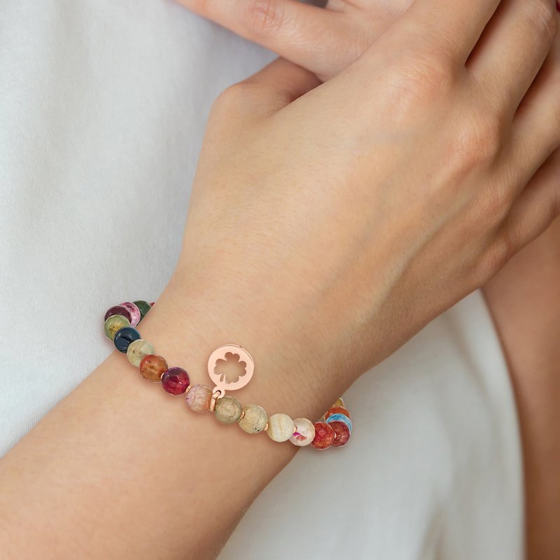 Stainless Steel Polished Rose IP-plated Clover 6mm Multi Color Agate Beaded Stretch Bracelet with Tassel