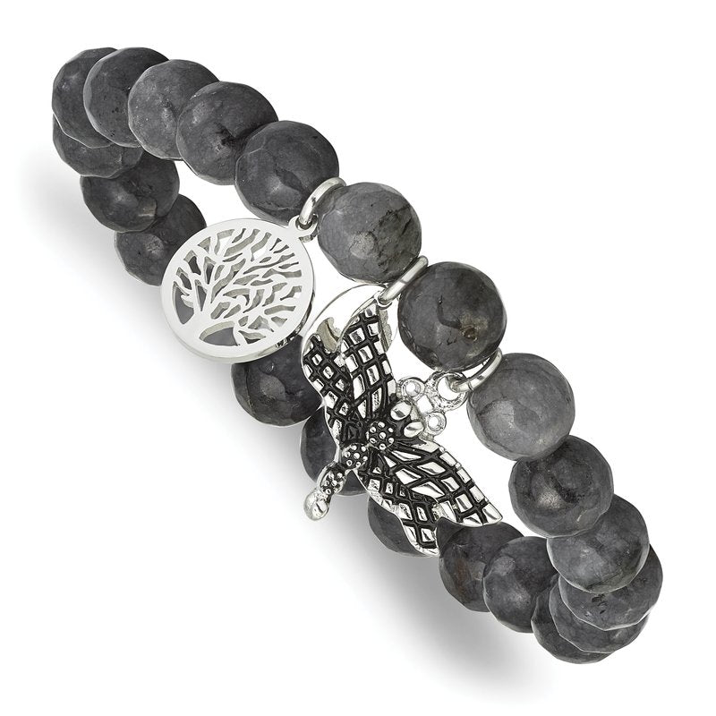 Stainless Steel Antiqued and Polished Dragonfly and Tree of Life 8mm Grey Dyed Jade Beaded Stretch Bracelet