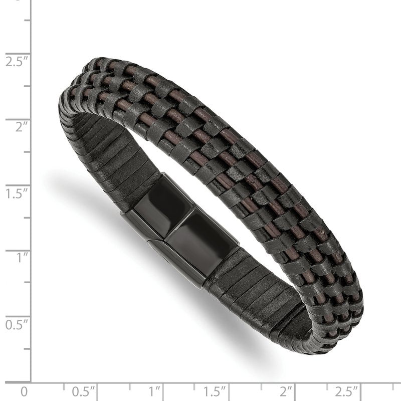 Stainless Steel Polished Black IP-plated Black and Brown Leather 8.25 inch Bracelet