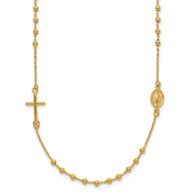 14k Polished Cross and Miraculous Medal Beaded Rosary Design 16 inch Necklace