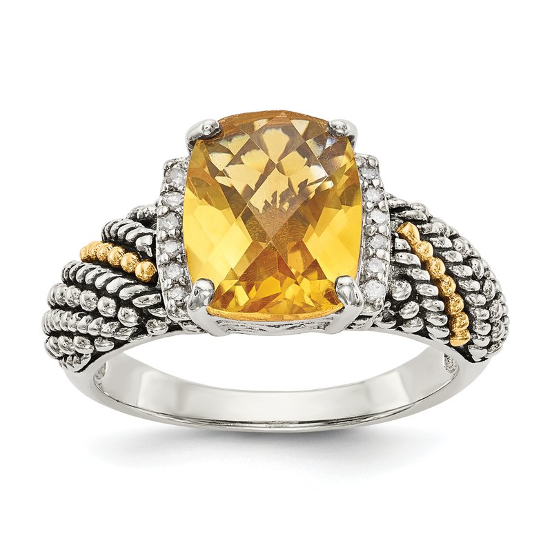 Sterling Silver with 14K Accent Antiqued Diamond and Checkerboard Cushion Citrine Ring
