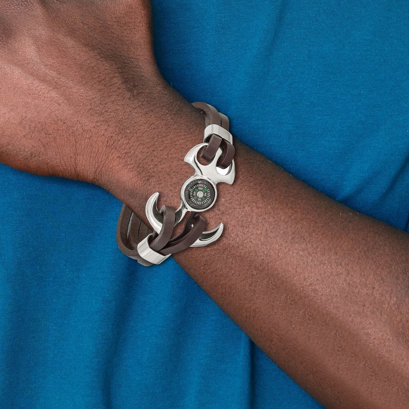 Stainless Steel Polished Functional Compass Multi Strand Brown Leather 8.5 inch Bracelet