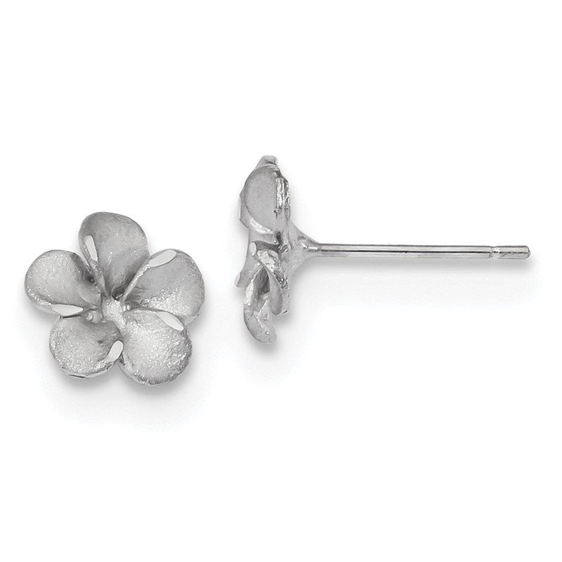 14k White Gold Satin Diamond-cut Plumeria Post Earrings