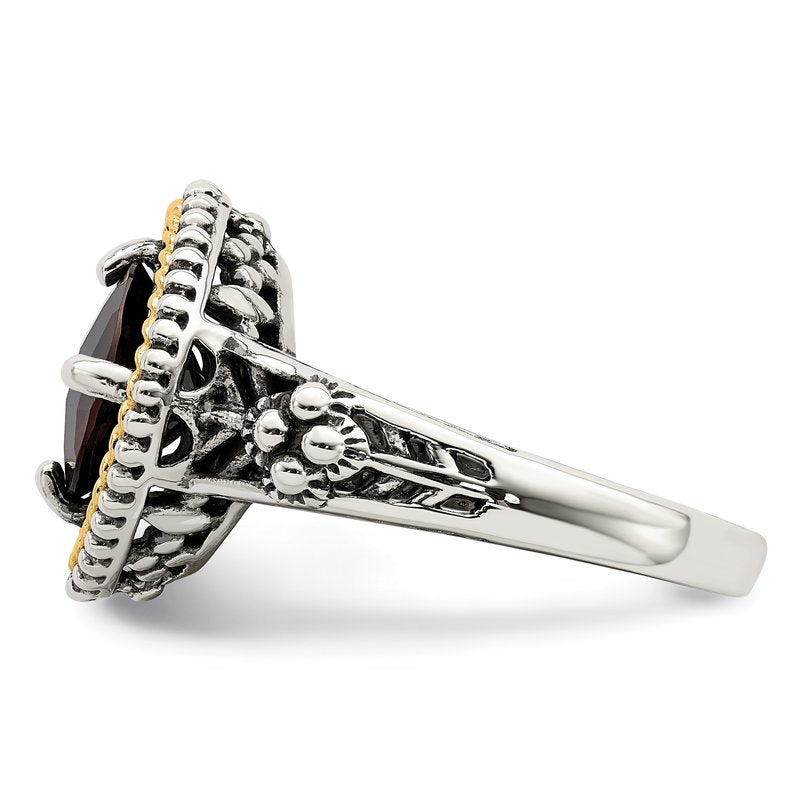 Sterling Silver with 14K Accent Antiqued Checkerboard Cushion Garnet Ring