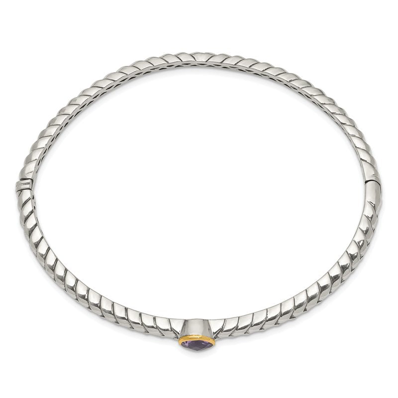 Sterling Silver Antiqued with 14K Accent Round Bezel Amethyst Hinged Bangle Bracelet