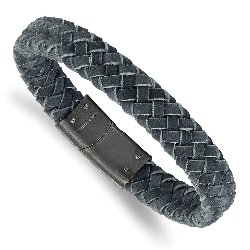 Stainless Steel Brushed Grey Braided Leather 8.5 inch Bracelet