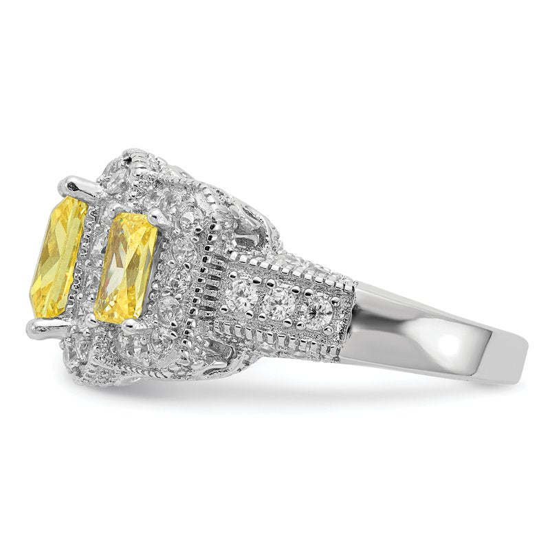 Sterling Silver Rhodium-plated Yellow Radiant-cut and White Brilliant-cut CZ 3 Stone Ring