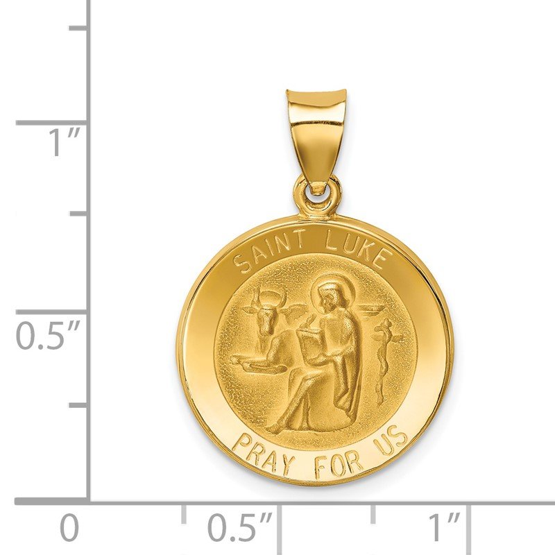 14k Polished and Satin Hollow St Luke Medal Round Pendant
