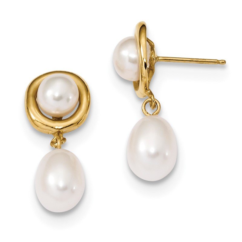 14k 5-7mm White Button and Rice Freshwater Cultured Pearl Post Dangle Earrings