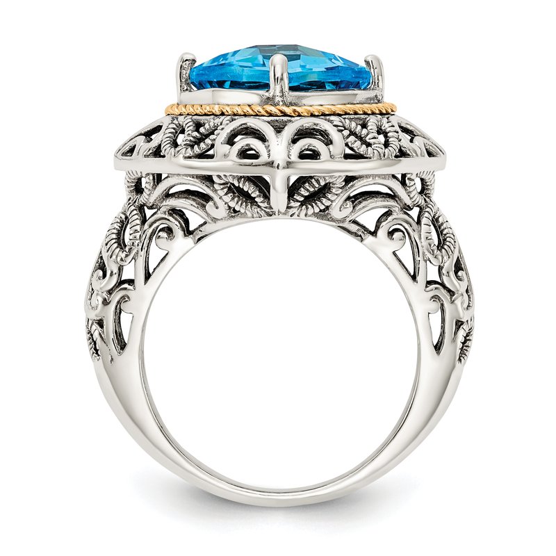 Sterling Silver with 14K Accent Antiqued Cushion Blue Topaz Ring