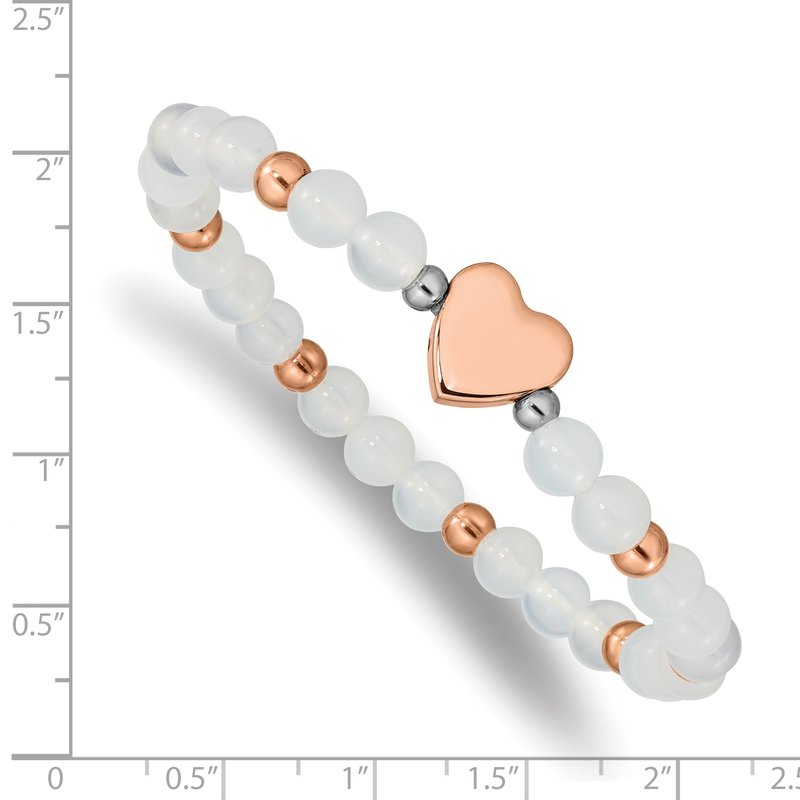 Stainless Steel Polished Rose IP-plated Heart 6mm White Agate Beaded Stretch Bracelet