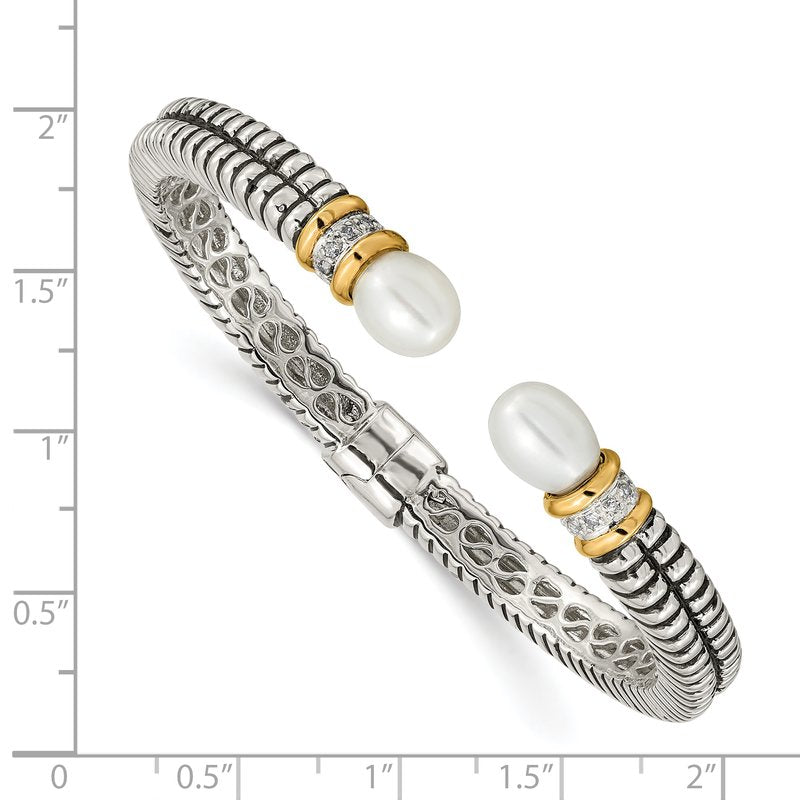 Sterling Silver with 14K Accent Antiqued 10x7.5mm Freshwater Cultured Pearl and Diamond Hinged Cuff Bracelet