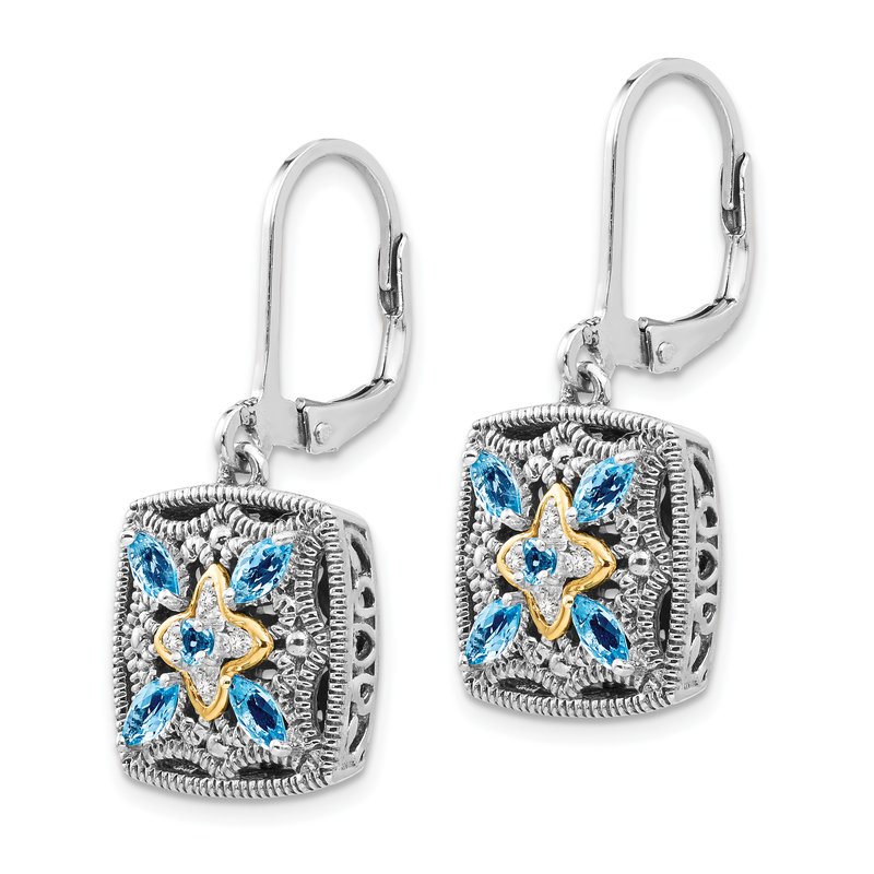 Sterling Silver with 14K Accent Antiqued Diamond and Marquise Blue Topaz Leverback Earrings