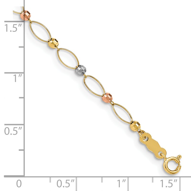 14K Tri-color Oval Link with Mirror Beads 7 inch Bracelet