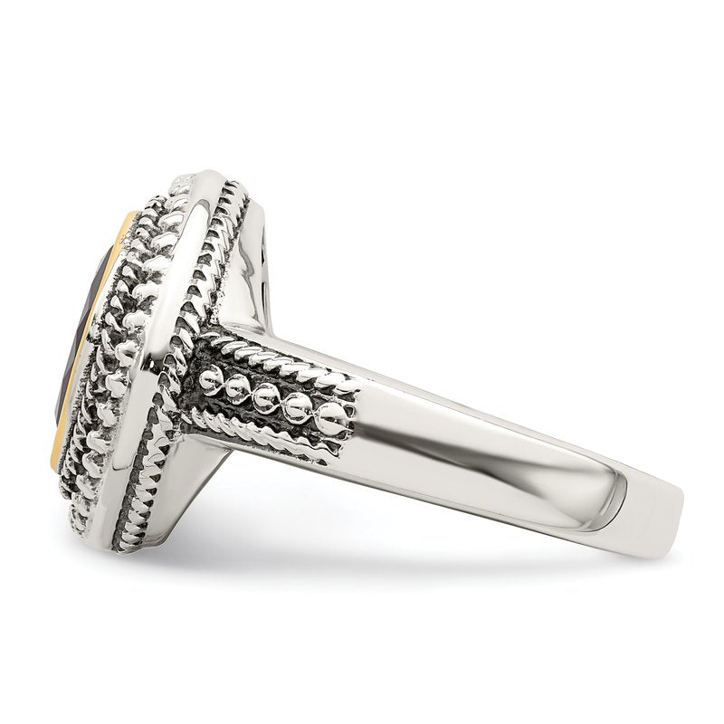Sterling Silver with 14K Accent Antiqued Cushion Bezel Garnet Ring