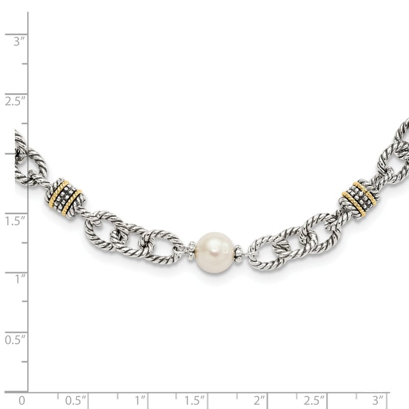 Sterling Silver with 14K Accent 18.5 Inch Antiqued 8-8.5mm Freshwater Cultured Pearl Necklace