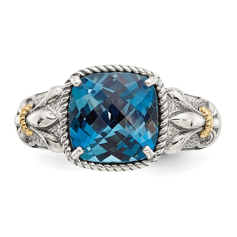 Sterling Silver with 14K Accent Antiqued Checkerboard Cushion London Blue Topaz Ring