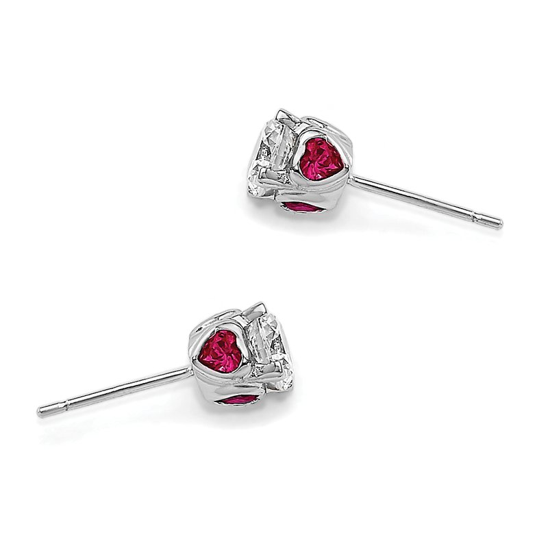 Sterling Silver Rhodium-plated Brilliant-cut Lab Created Ruby and Brilliant-cut White CZ with Heart Sides Stud Post Earrings