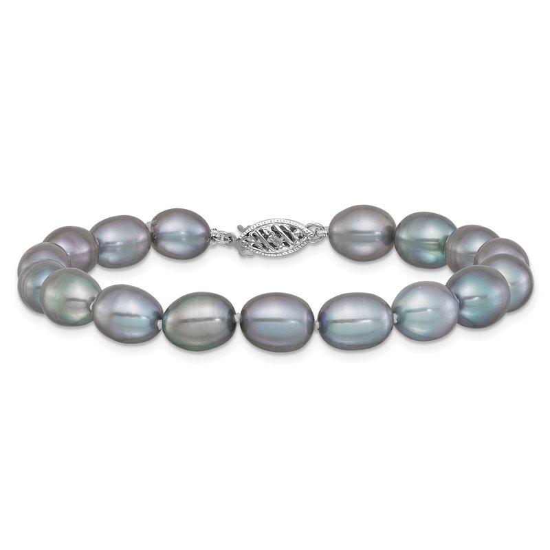 14k White Gold 8-9mm Grey Rice Freshwater Cultured Pearl 16 inch Necklace
