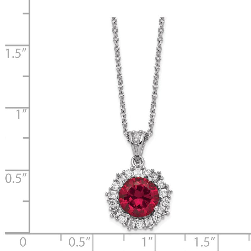 Sterling Silver Rhodium-plated Brilliant-cut Lab Created Ruby and Brilliant-cut/Baguette-cut White CZ 18 Inch Necklace