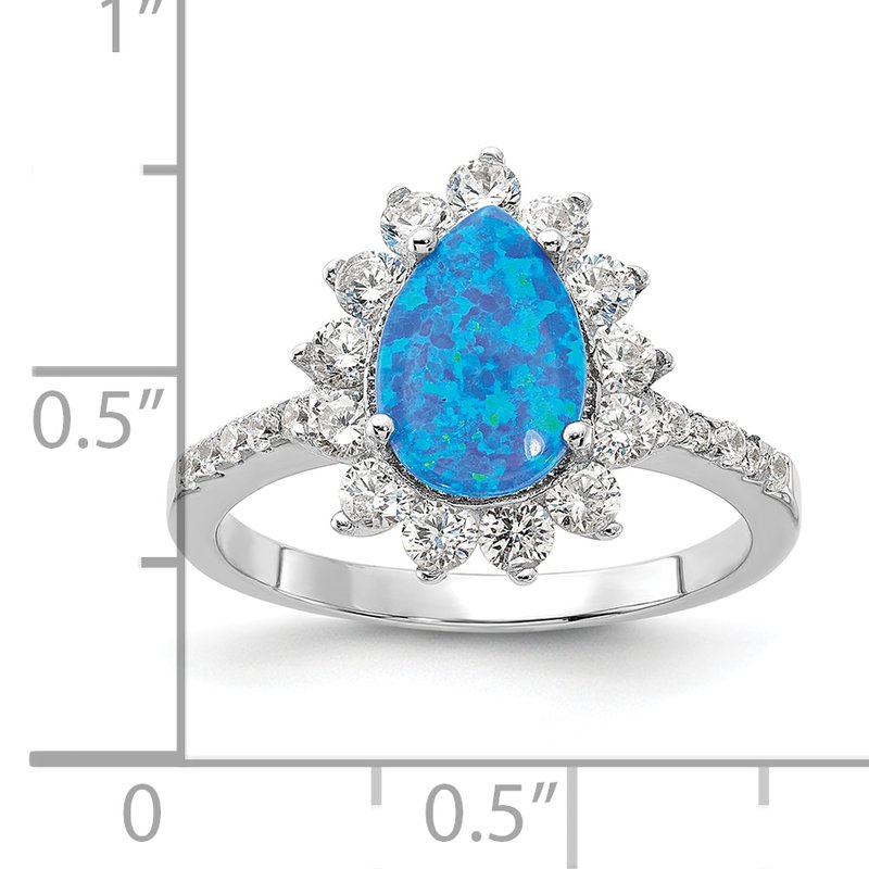 Sterling Silver Rhodium-plated Cabochon Lab Created Blue Opal and Brilliant-cut CZ Teardrop Shaped Ring