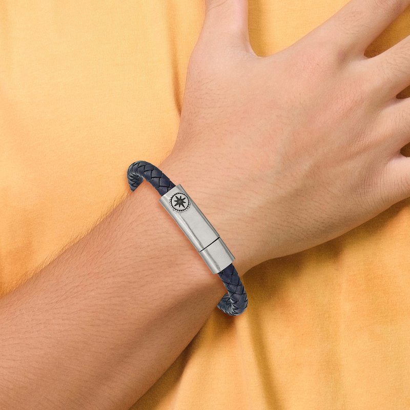 Stainless Steel Antiqued and Brushed Compass Navy Blue Braided Leather 8 inch Bracelet