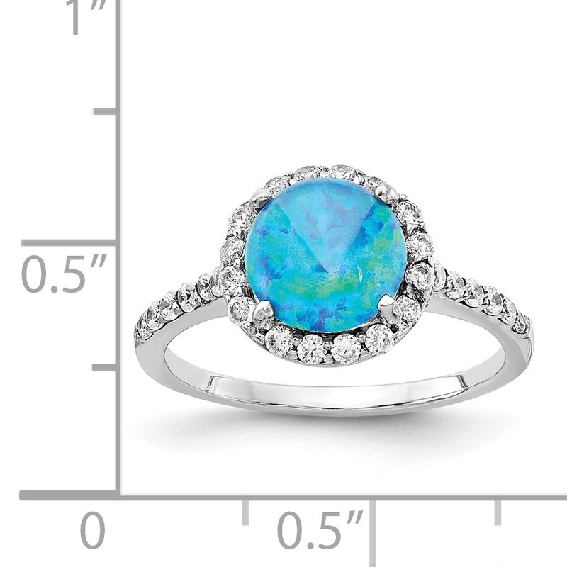 Sterling Silver Rhodium-plated Cabochon Lab Created Blue Opal and Brilliant Cut CZ Halo with Side Stones Ring