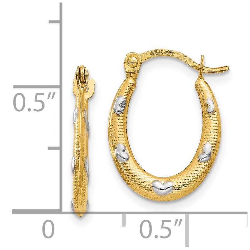 14K Rhodium Textured Hollow Oval w/ Hearts Hoop Earrings