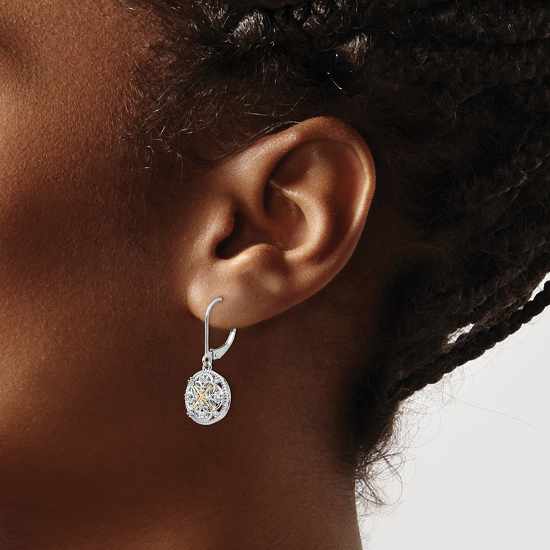 Sterling Silver Rhodium-plated with 14K Accent Diamond Leverback Dangle Vintage Earrings
