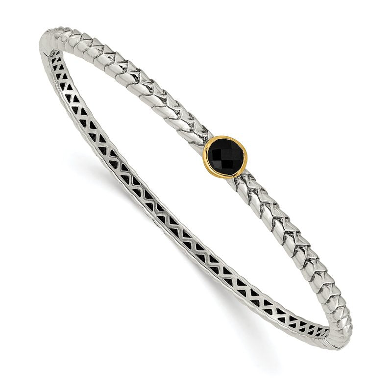 Sterling Silver with 14K Accent Antiqued Checkerboard-cut Black Onyx Hinged Bangle Bracelet