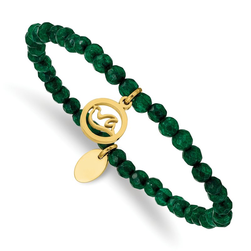 Stainless Steel Polished Yellow IP-plated Dove 4mm Green Jade Beaded Stretch Bracelet