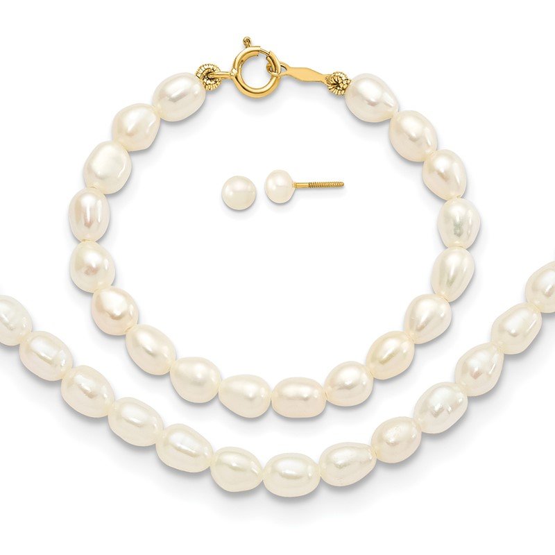 14k 3-5mm Semi-Round White Freshwater Cultured Pearl 12 inch Necklace, 4 inch Bracelet and Post Earrings Set
