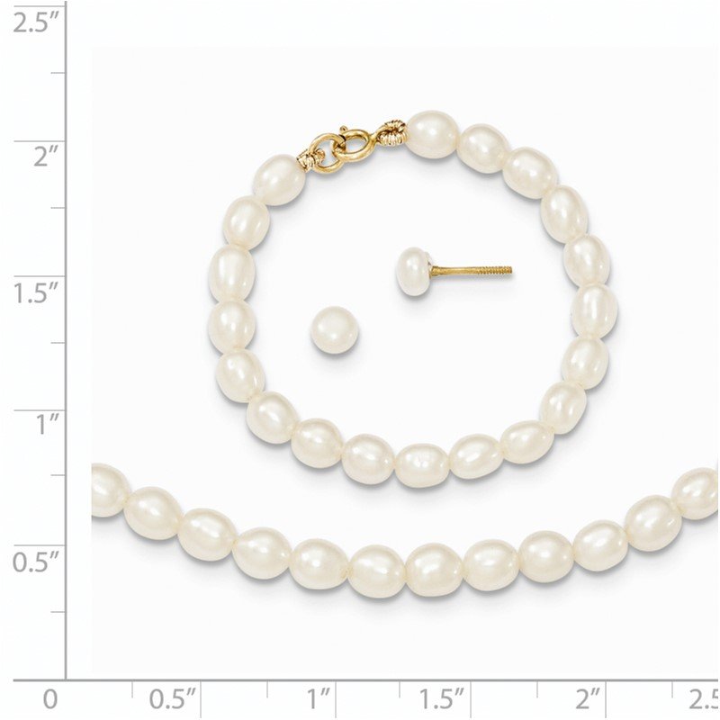 14k 3-5mm Semi-Round White Freshwater Cultured Pearl 12 inch Necklace, 4 inch Bracelet and Post Earrings Set
