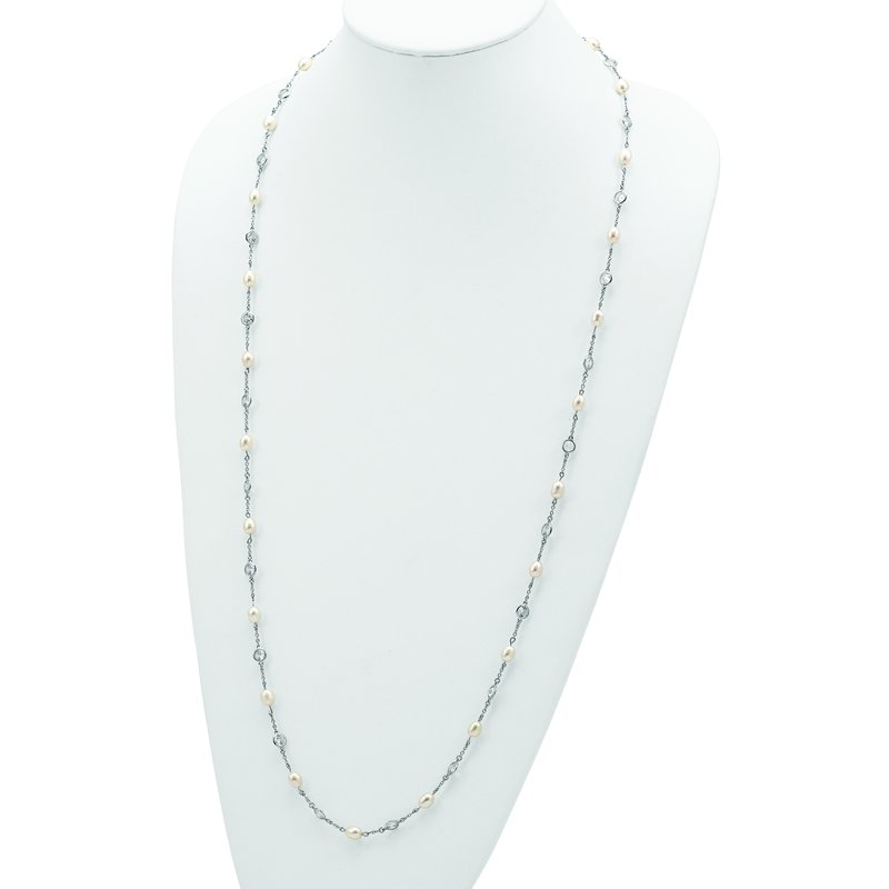 Sterling Silver Rhodium-plated Freshwater Cultured Pearl and Brilliant-cut CZ Bezel Station 36 Inch Necklace