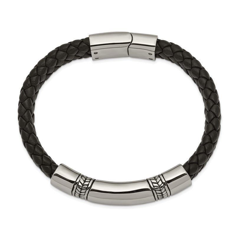 Stainless Steel Antiqued and Polished Braided Black Leather 8.25 inch ID Bracelet