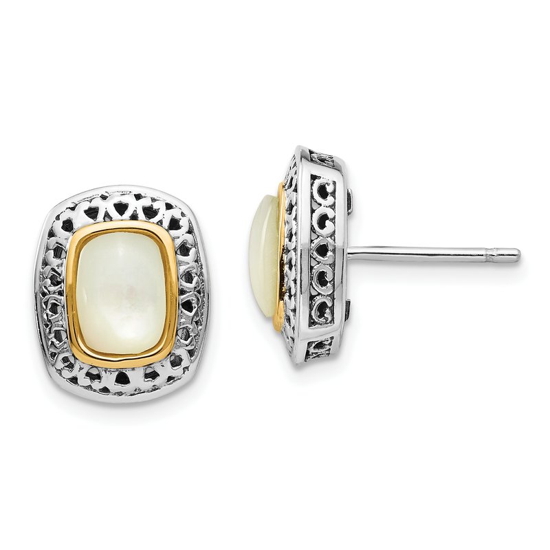 Sterling Silver with 14K Accent Antiqued Mother Of Pearl Post Earrings