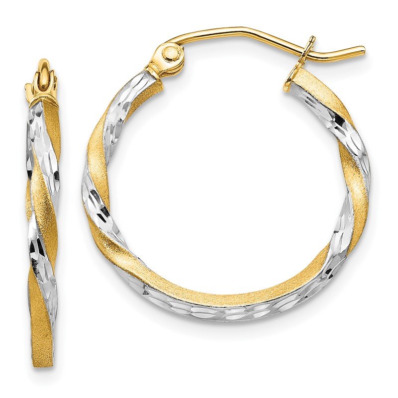 14k &amp; Rhodium Satin Diamond Cut Twisted Hoop Earrings