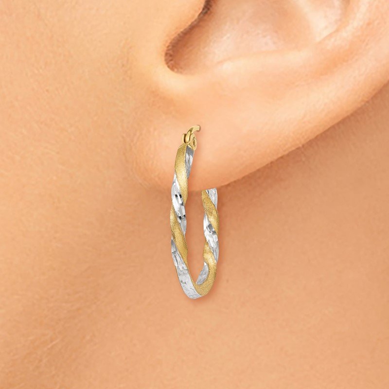 14k &amp; Rhodium Satin Diamond Cut Twisted Hoop Earrings